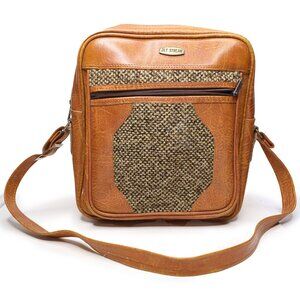 Vintage Jet Stream Faux Leather Flight Bag Brown Tweed Travel 70s Retro